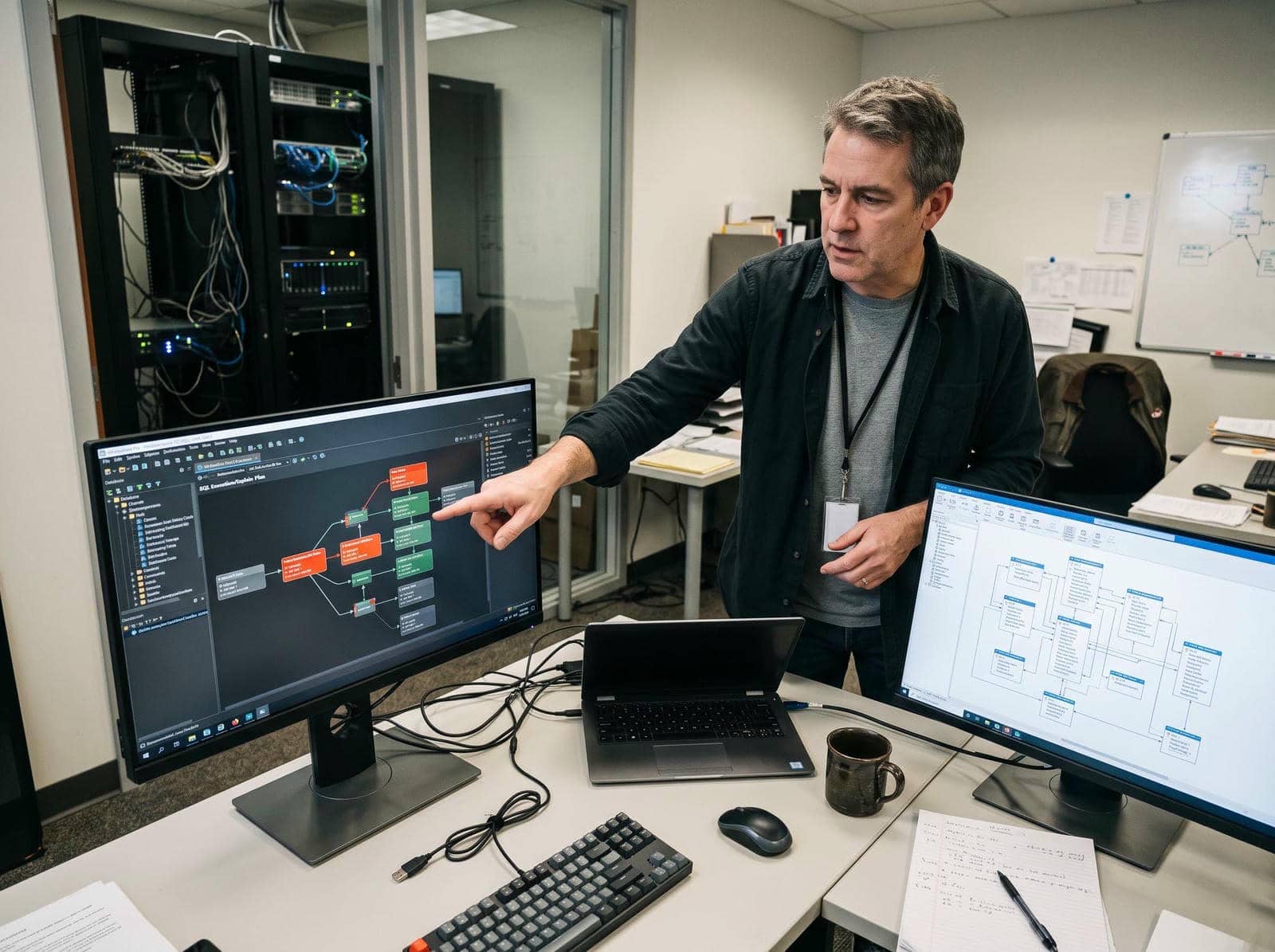 A database administrator reviewing an explain plan and ER diagram