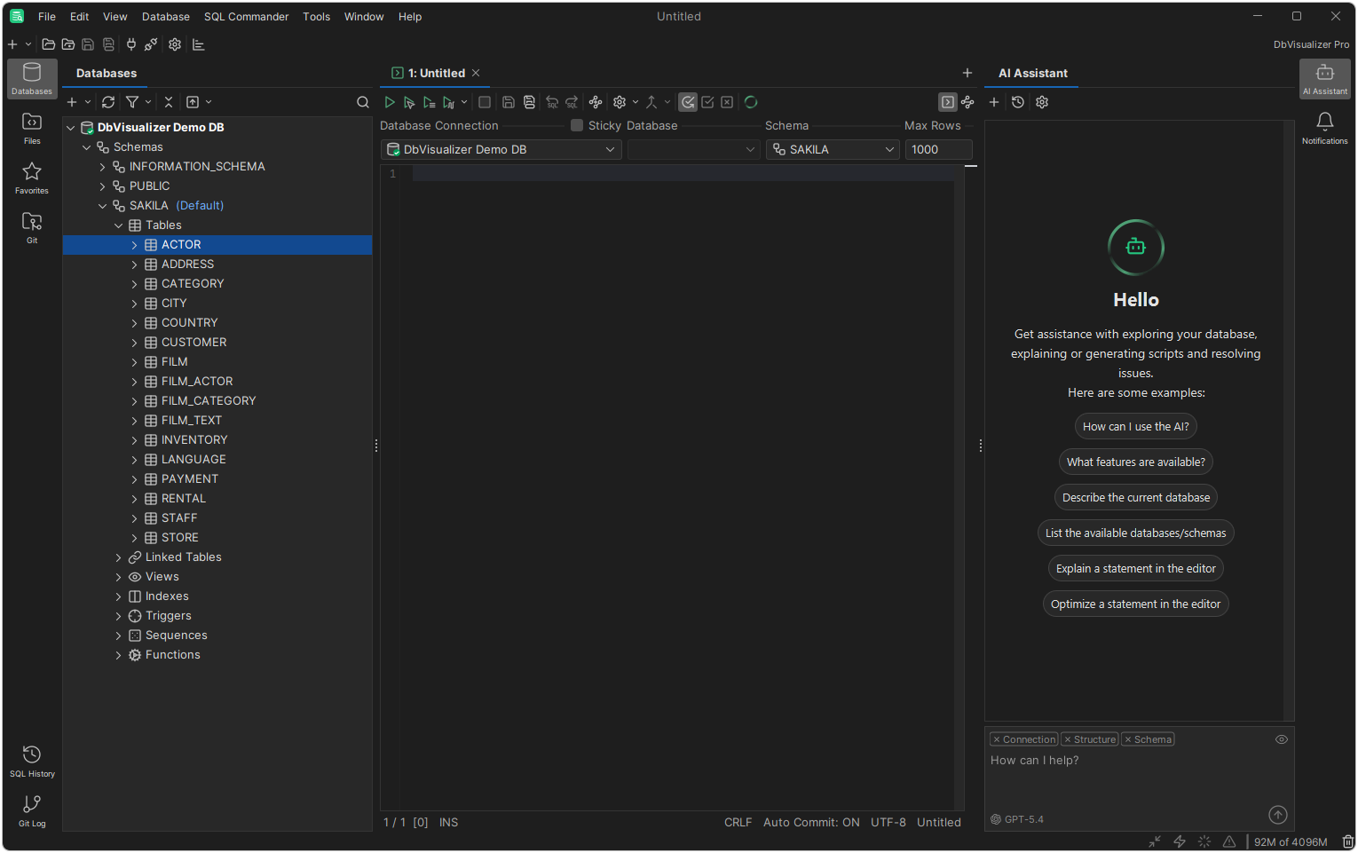 DbVisualizer Pro SQL editor with the AI Assistant panel open