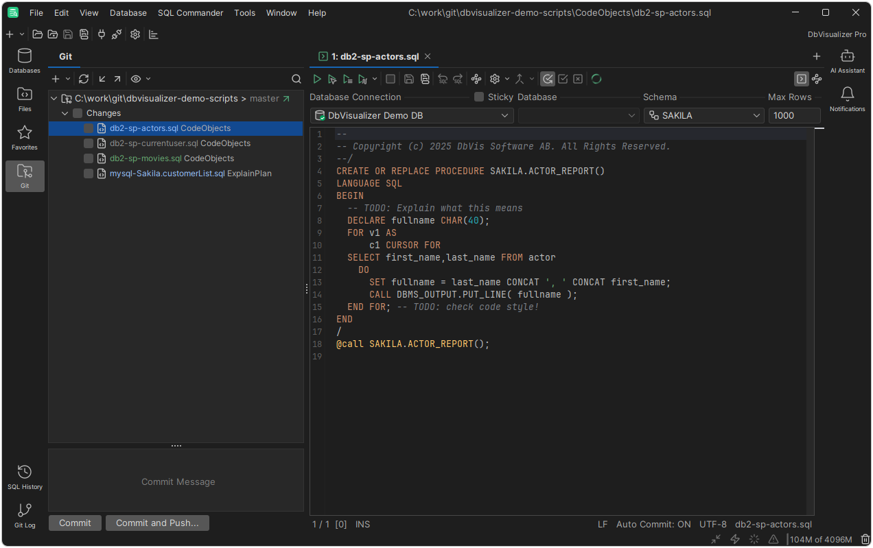 DbVisualizer Pro Git tab with changed files and commit controls