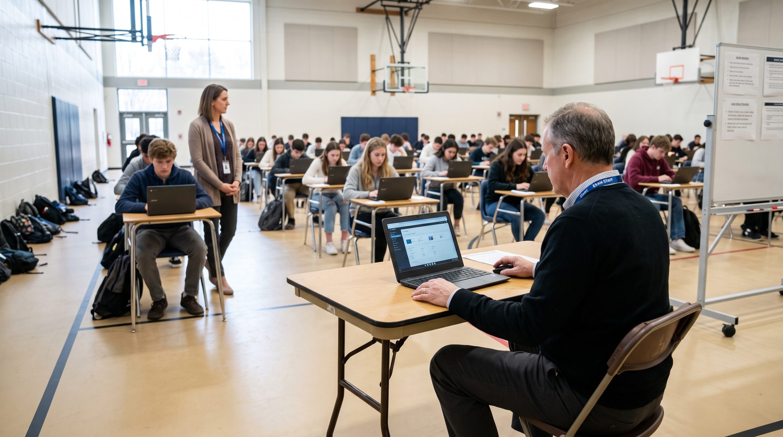 A proctor monitoring student devices during an exam