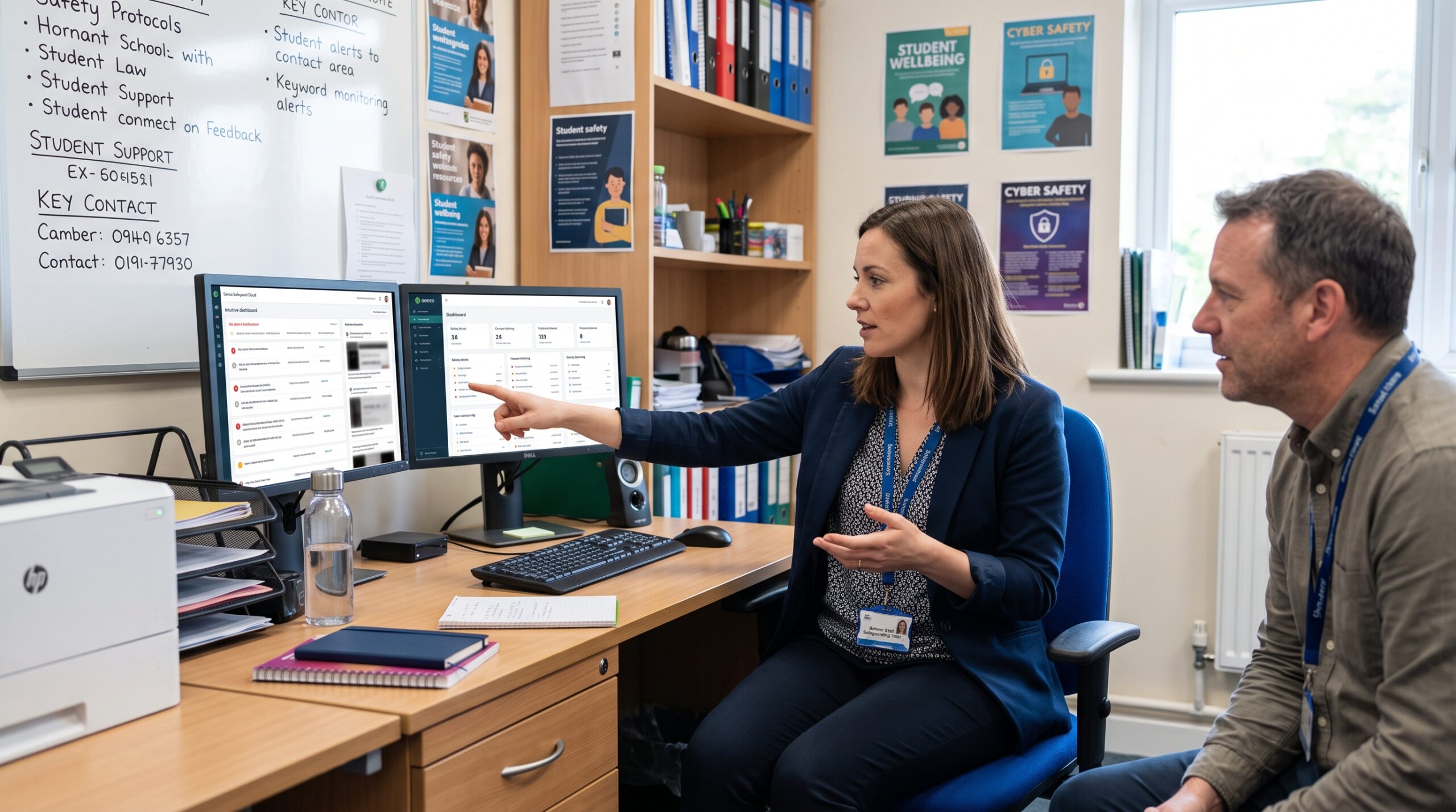 A school safety officer and IT team monitoring student safety