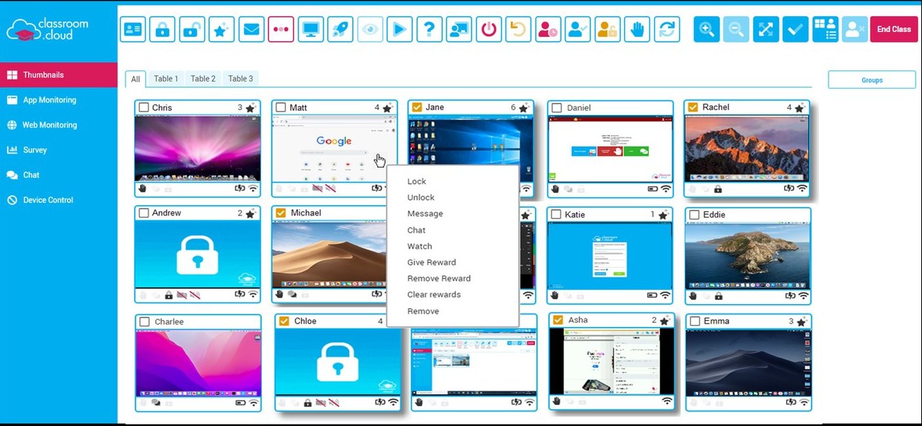 classroom.cloud web console showing live student thumbnails and teacher controls