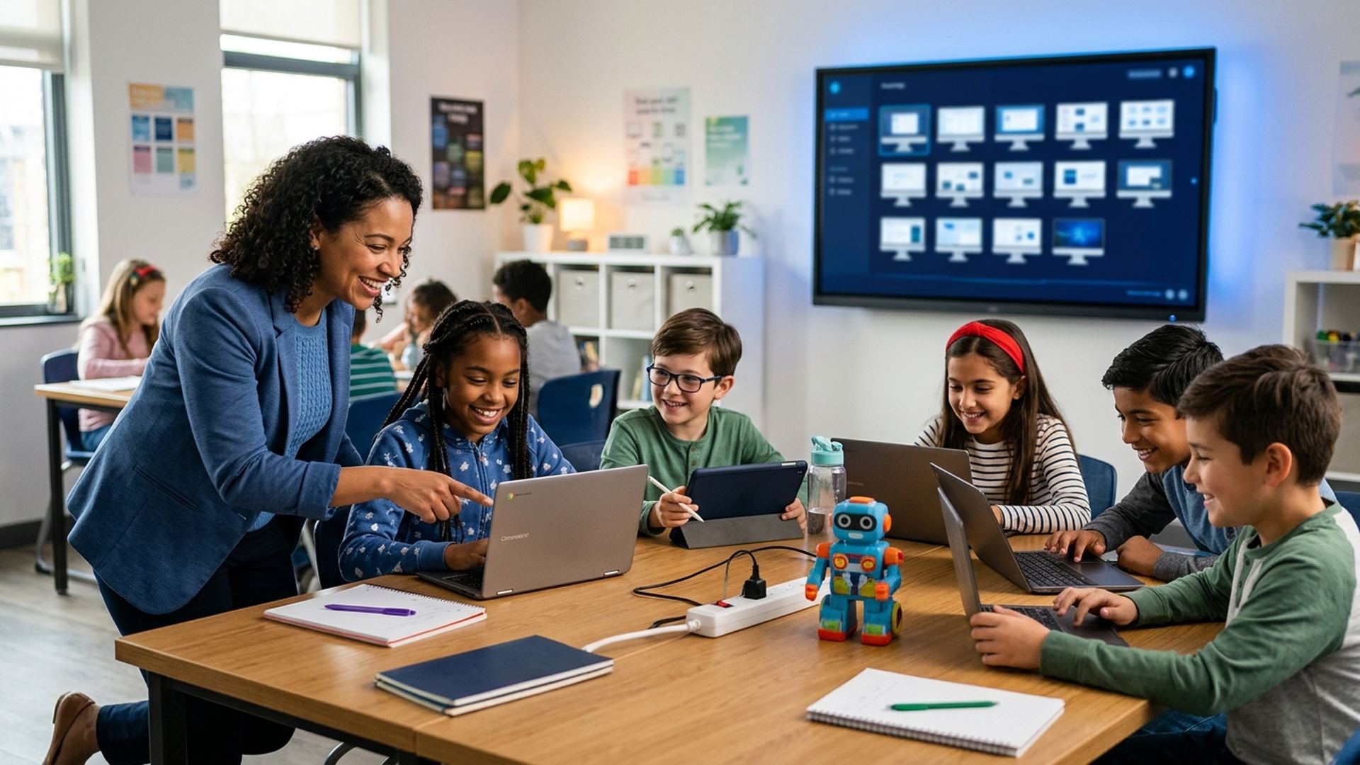 Students and a teacher using laptops, tablets and Chromebooks in a bright classroom