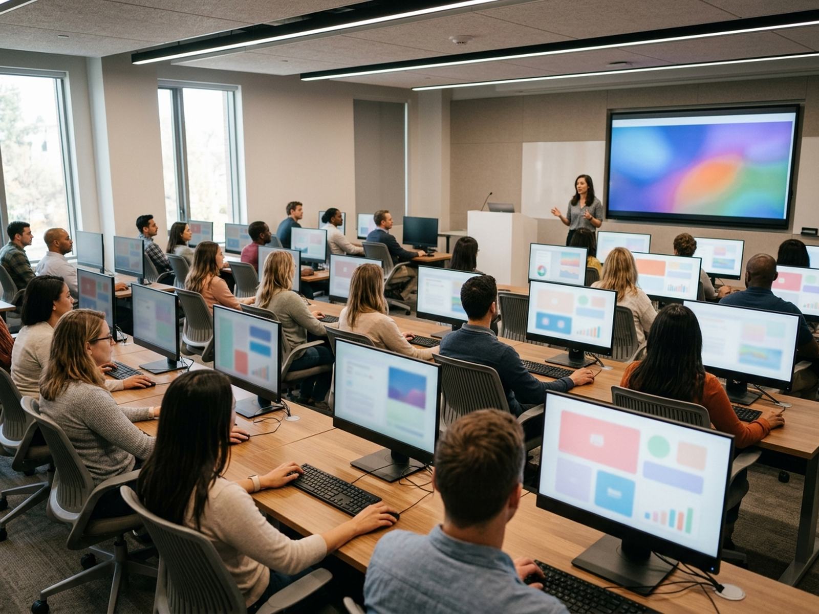 An instructor leading a computer lab or training room session
