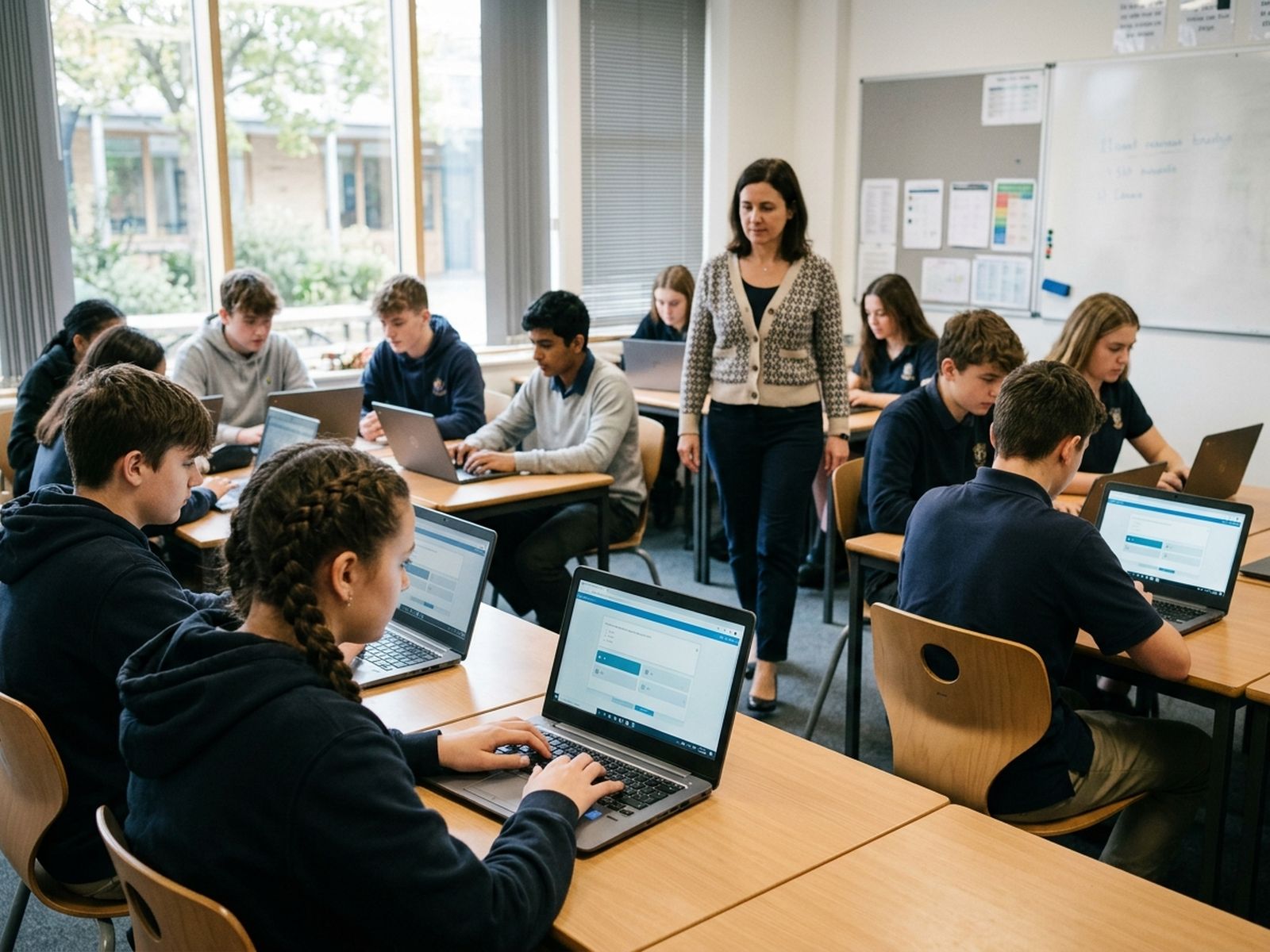 Students taking a self-marking test on laptops in a classroom