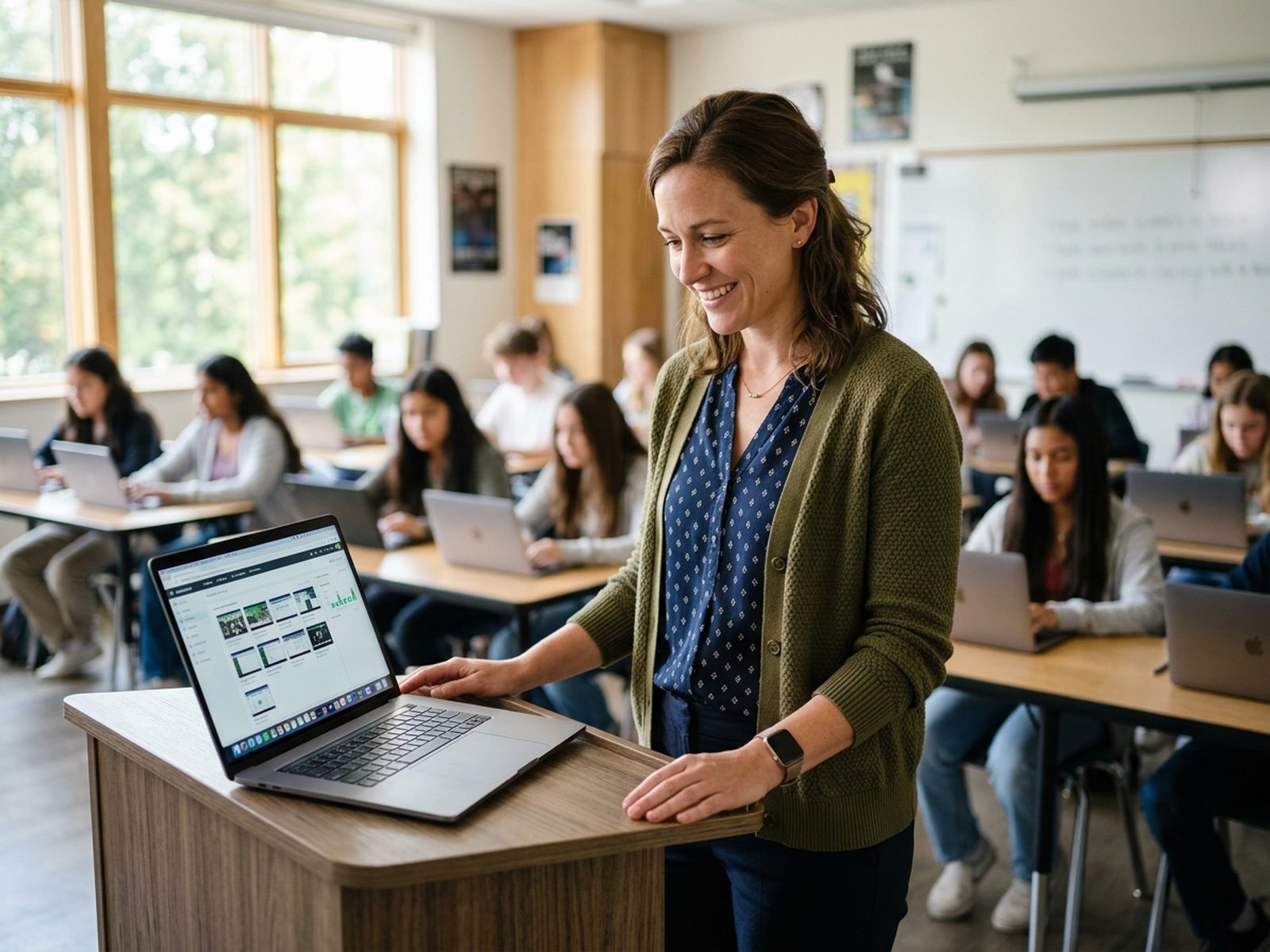 A teacher at the front of a classroom monitoring student screens with NetSupport School