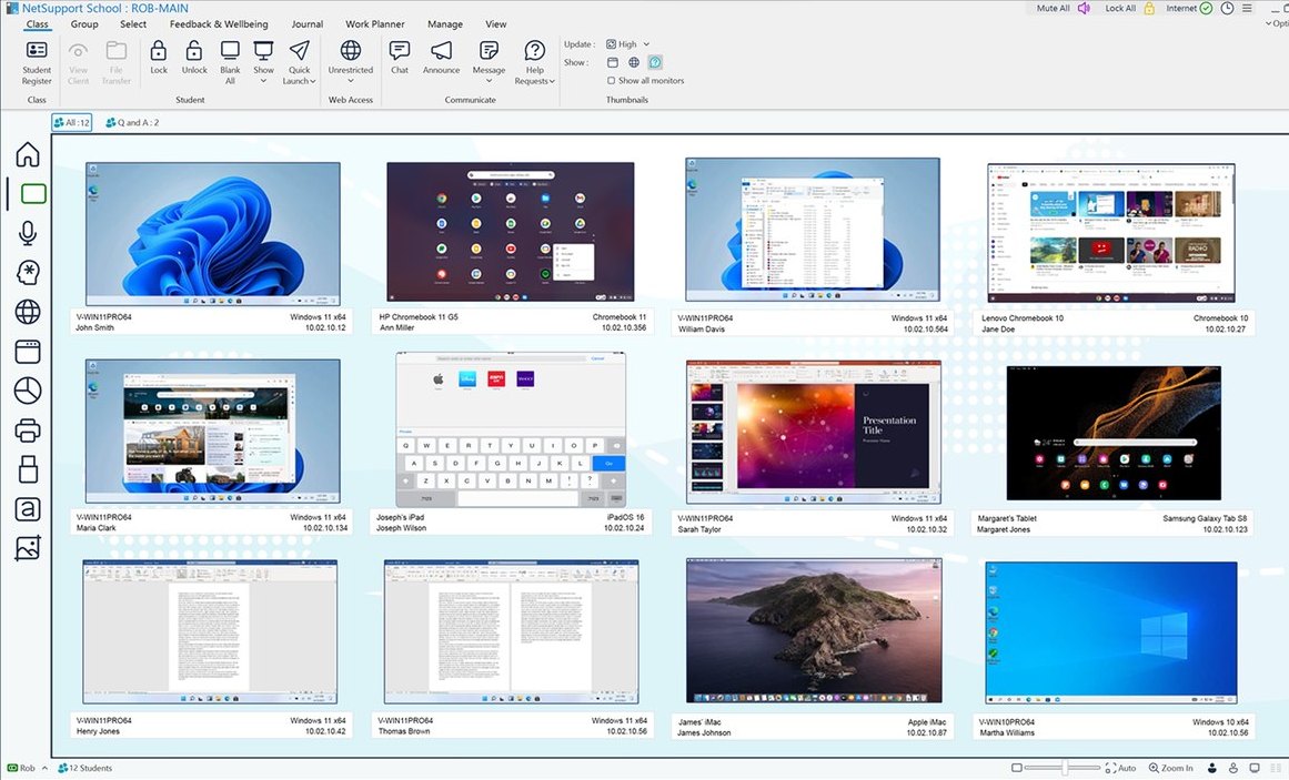 NetSupport School Tutor Console showing live thumbnails of student screens on Windows, Chromebook, iPad and Android