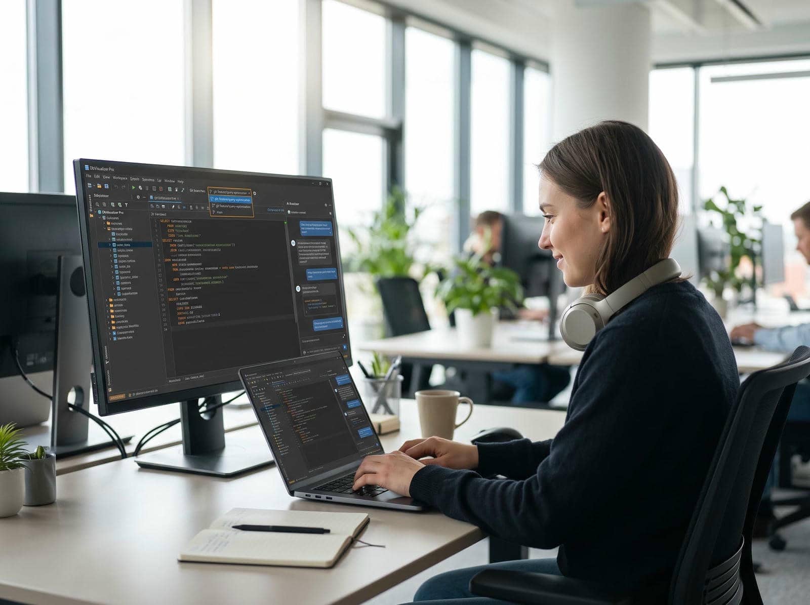 A software developer writing SQL with the DbVisualizer Pro AI assistant